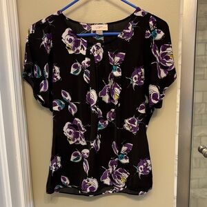 LOFT Black and Purple Floral Blouse